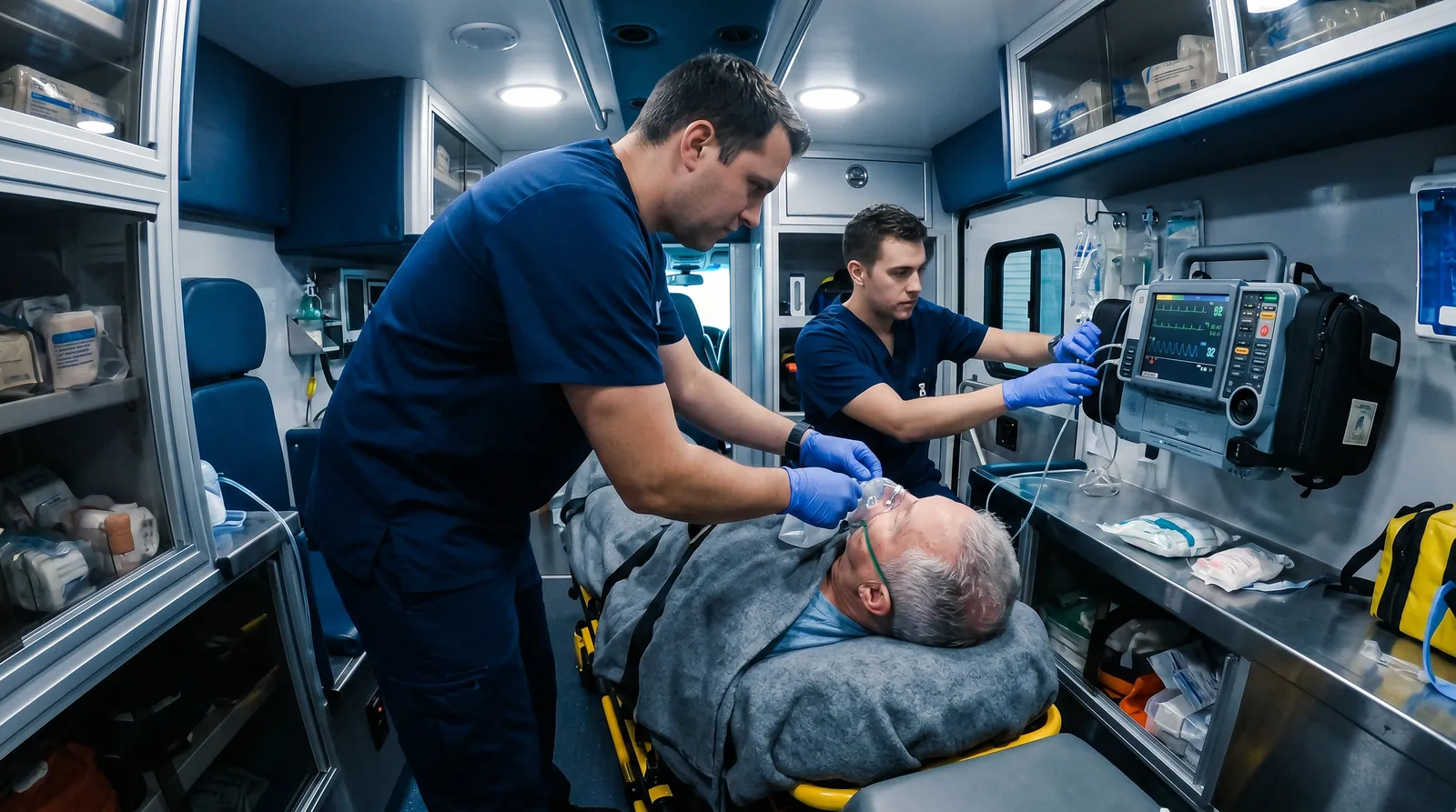 Body-camera view of paramedics treating a patient inside an ambulance